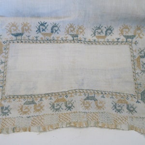 Antique home spun linen table runner cross stitch silk 17th Ct primitive needle lace textile blue horse curtain scarf homne decor