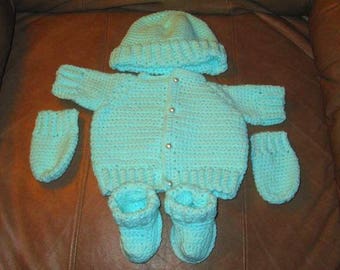 Newborn Crochet Mittens, Booties, Hat & Sweater