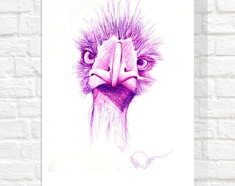 Silly Purple Ostrich Giclee Print, Ballpoint Pen Fine Art Animal Print, Purple Wall Art Home Decor