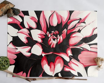 Original rote Dahlie Zeichnung, Wand Kunst, Copic Marker Farbe Blume Illustration, Botanische