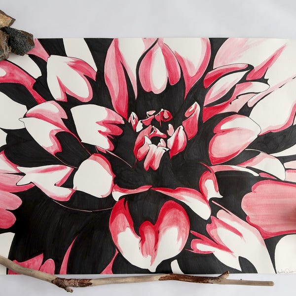 Original Red Dahlia Drawing, Wall Art, Copic Marker Color Flower Illustration, Botanical