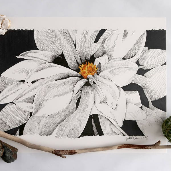 White Dahlia Original Drawing, Black and White Drawing, Flower Illustration, Drawing of Flower, Unique Housewarming Gift, Wall Art