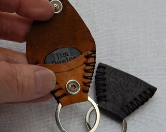 Leather Guitar pick case pendant or keyring, Celtic embossed, plectrum case, 3rd anniversary, handmade by Leather Design and Craft