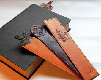 Leather Bookmark with Leaf, Green Leaf or Celtic Knot, third Anniversary, custom, handmade personalised gift in British Leather.