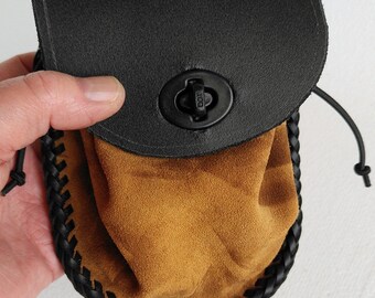Leather Belt Bag: Tan Suede Pouch with Drawstring & Twist Fastener