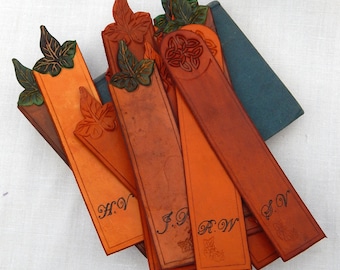 Leather Bookmark, Personalised handmade,with leaf, initials, 3rd Anniversary, British leather, stocking filler