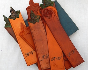 Leather Bookmark, Personalised handmade,with leaf, initials, 3rd Anniversary, British leather