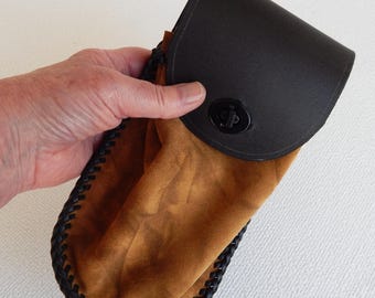 Leather Belt Bag: Phone, Keys, Tools - Tan Suede & Black Leather