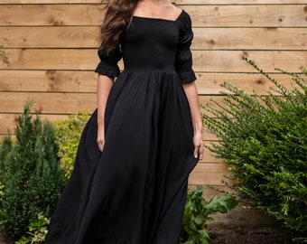 Valentina Shirred Black Maxi Dress
