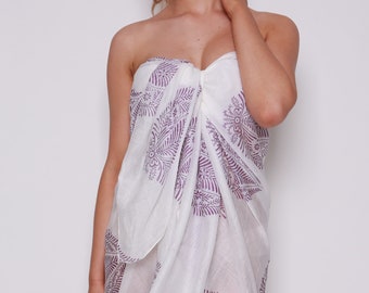 White Sarong With Purple Leaf