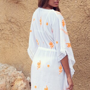 Mykonos Embroidered Tassel Kaftan in White / Orange image 2