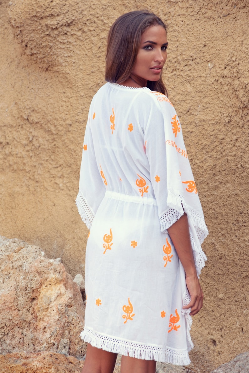 Mykonos Embroidered Tassel Kaftan in White / Orange image 2