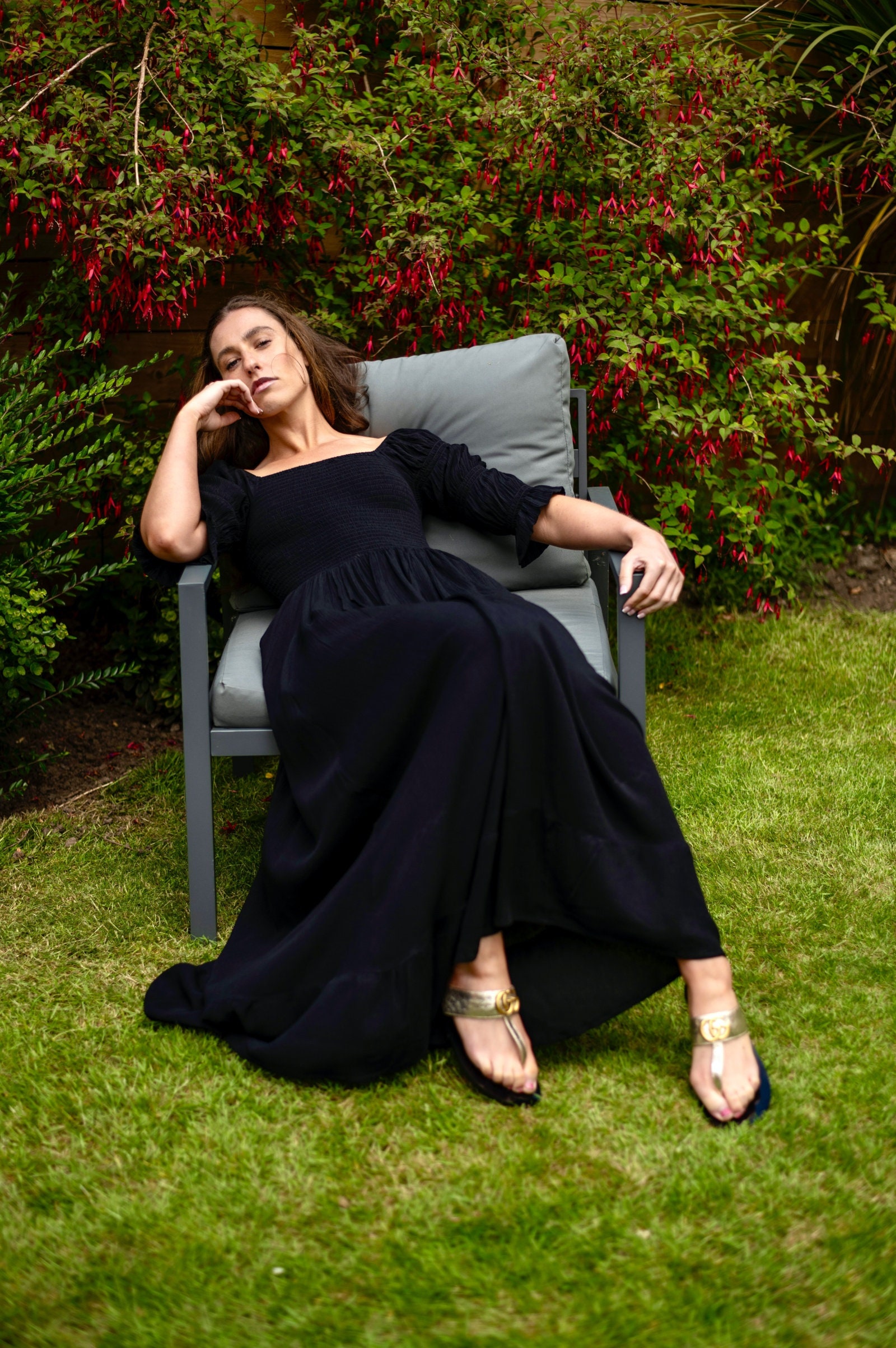 black shirred maxi dress Black Shirred Mesh Ruffle Maxi Dress L