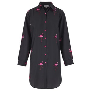 Boyfriend Shirt Dress in Black with Pink Flamingo