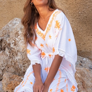 Mykonos Embroidered Tassel Kaftan in White / Orange image 1