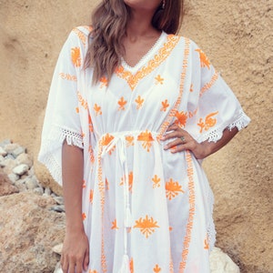 Mykonos Embroidered Tassel Kaftan in White / Orange image 3