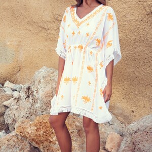 Mykonos Embroidered Tassel Kaftan in White / Orange image 5