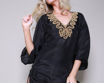 Silk Beaded Petite Black Kaftan Shirt Jaipur