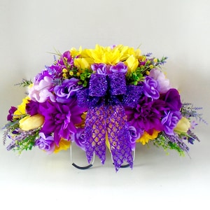 Cemetery Headstone Saddle Arrangement, Spring Cemetery Floral, Mother&#39;s Day, Cemetery Flowers, Gravesite Flowers, Silk Flowers, Headstone
