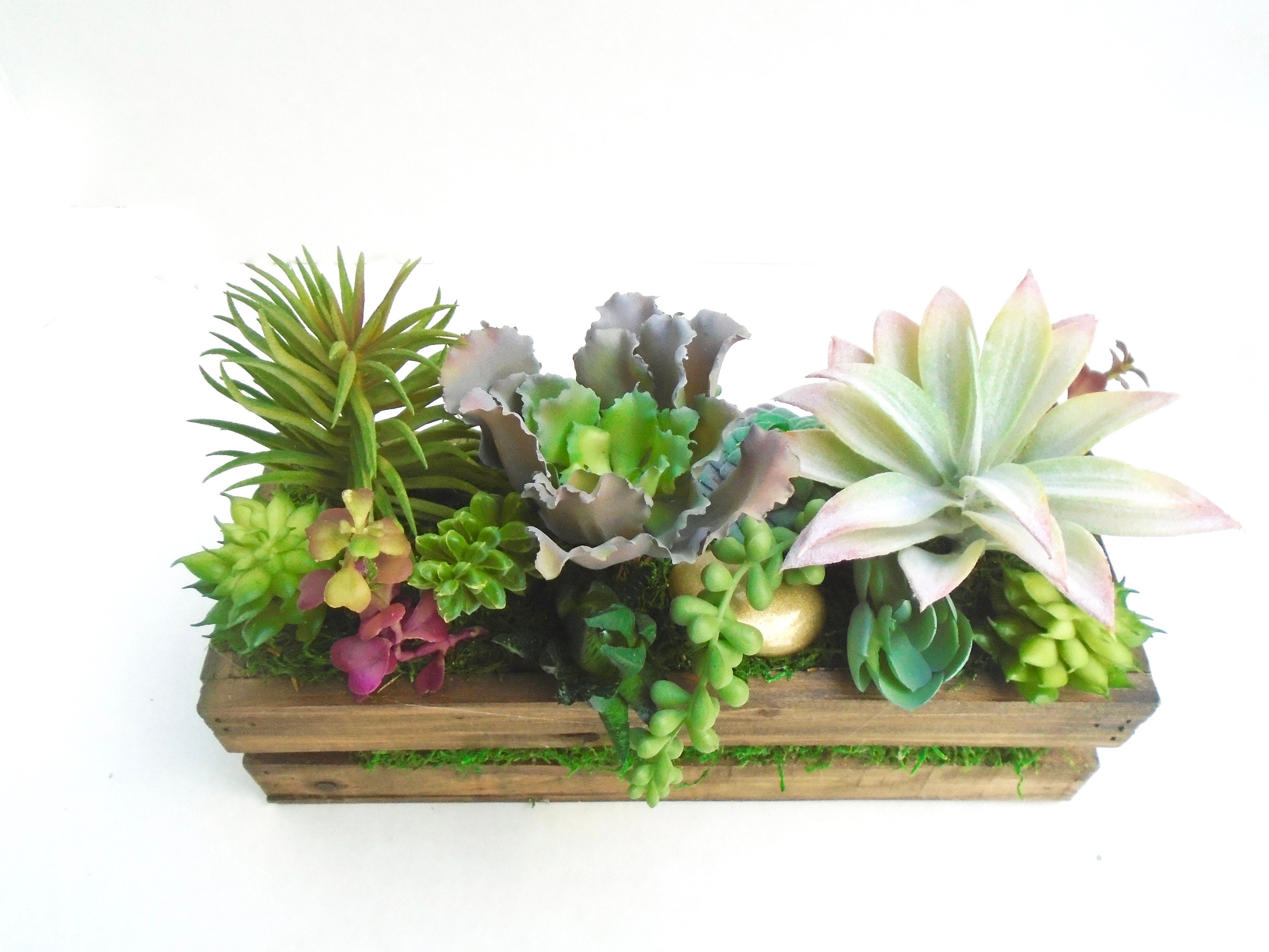 Succulent Arrangement Artificial In Wooden Planter Table Etsy