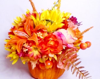 Fall Floral Arrangement, Fall Pumpkin Centerpiece, Autumn Centerpiece, Pumpkin Decor, Pumpkin Arrangement, Fall Silk Floral, Autumn, Fall