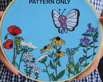 Wildflowers embroidery pattern. Butterfly, caterpillar, bee. PATTERN ONLY