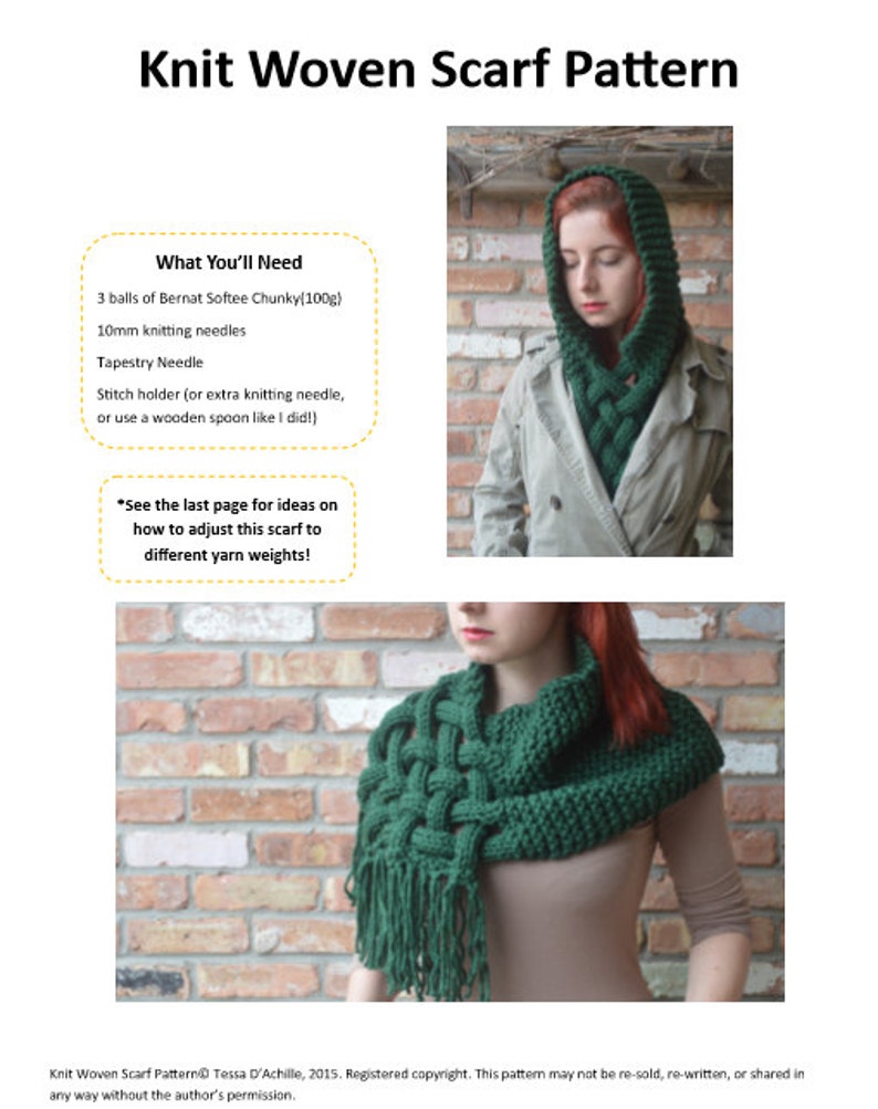 PATTERN: The Celtic knit Woven Scarf, giant scarf, chunky knit scarf patter, cowl scarf, hooded scarf, knit scarf, cabled scarf, diy image 2