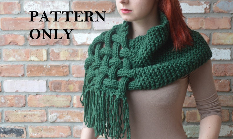 PATTERN: The Celtic knit Woven Scarf, giant scarf, chunky knit scarf patter, cowl scarf, hooded scarf, knit scarf, cabled scarf, diy image 1