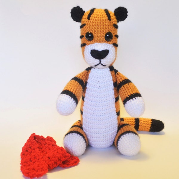 Crochet Hobbes tiger plushie with optional removable scarf