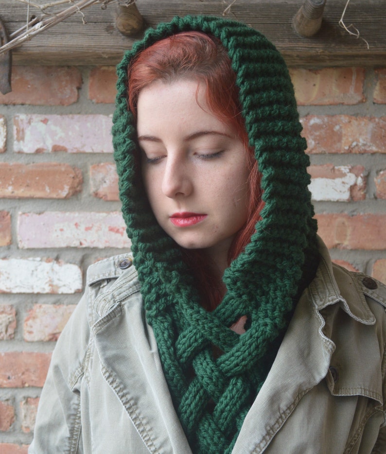 PATTERN: The Celtic knit Woven Scarf, giant scarf, chunky knit scarf patter, cowl scarf, hooded scarf, knit scarf, cabled scarf, diy image 3