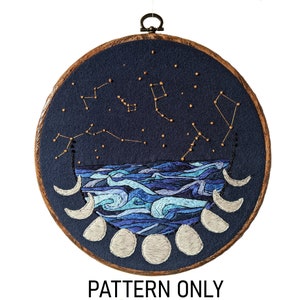 Sea & Stars embroidery pattern. Constellations, waves, moon phases embroidery