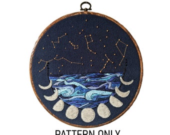 Sea & Stars embroidery pattern. Constellations, waves, moon phases embroidery