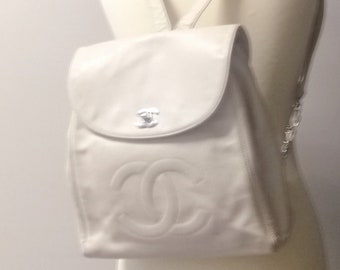 Chanel Ivory Beige Leather Vintage Backpack w/Stitched CC Logo & Silver Hardware