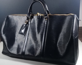 Louis Vuitton Schwarz Epi Leder Keepall 50 Boston Tasche mit Namensschild