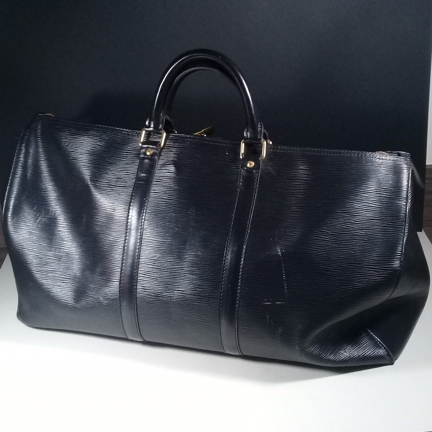 Louis Vuitton Black Epi Leather Keepall 50 Boston Bag w/Name Tag