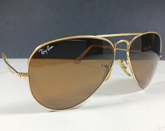 Ray Ban Bausch & Lomb 58-14 Gold/Brown Aviator Pilot B+L US Made Vintage Sunglasses