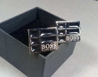 Hugo Boss Silver/Black Enamel Square Cufflinks in Box