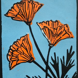 California Poppy- Hand Pressed Linoleum Print