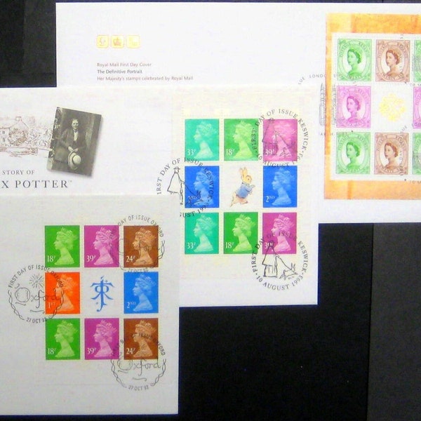 Great Britain GB Machin Stamps, 3 Prestige Booklet Pane First Day Covers, Tolkien, Beatrix Potter and The Definitive Portrait