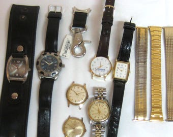 7 various mens watches, all needing new quartz batteries or repair plus 3 expanding bracelets.