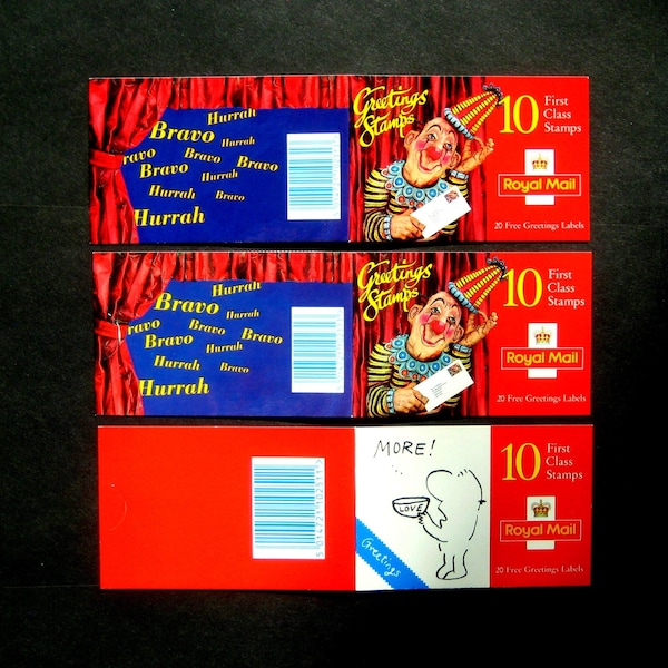 Great Britain GB Stamps, Greetings Barcode Booklets, KX7 Clowns and KX8 More Love design Issued 1995 and 1996 including Cylinder Numbers