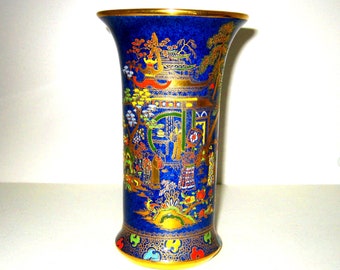 Carlton Ware 6 inch vase in the Chinese Figures pattern on a Powder Blue glaze ground.