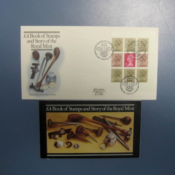 Great Britain GB Machin Stamps, DX4 The Story of the Royal Mint, 4 Pound Prestige Booklet and First Day Cover issued Sep. 14, 1983