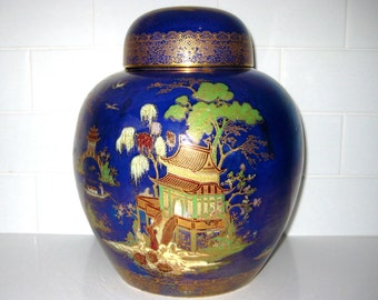 Vintage Carlton Ware Mikado Lustre Ginger Jar: Blue Chinoiserie Vase