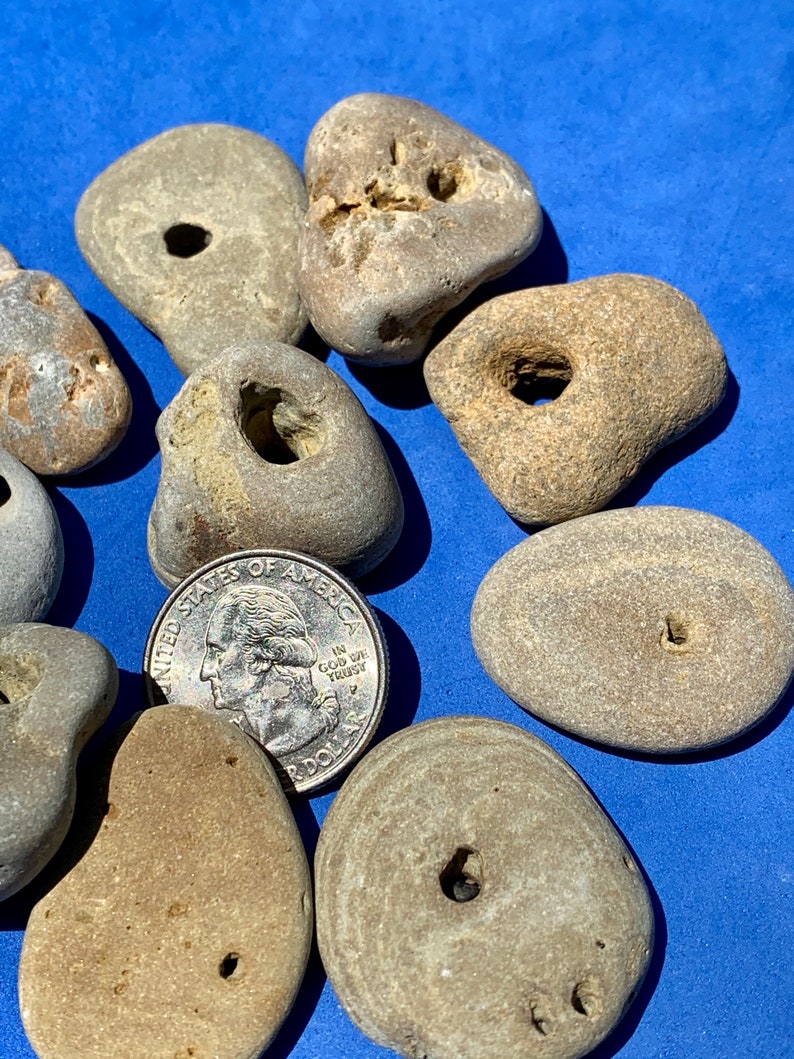 Lot of 10 Hag Stones ~ Holey Stones ~ Natural Holed Beach Stones ~ Jewelry Making Stones