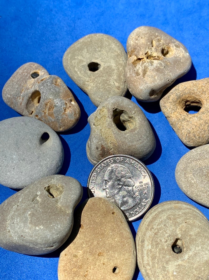 Lot of 10 Hag Stones ~ Holey Stones ~ Natural Holed Beach Stones ~ Jewelry Making Stones