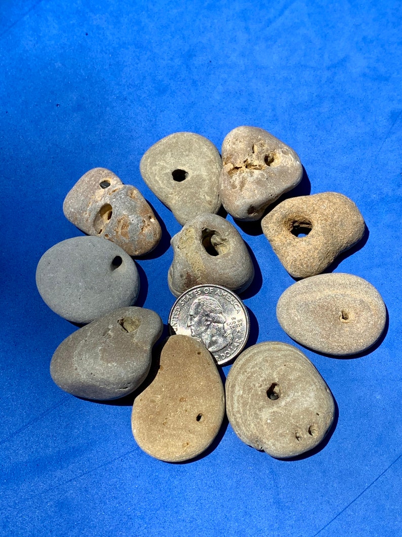 Lot of 10 Hag Stones ~ Holey Stones ~ Natural Holed Beach Stones ~ Jewelry Making Stones