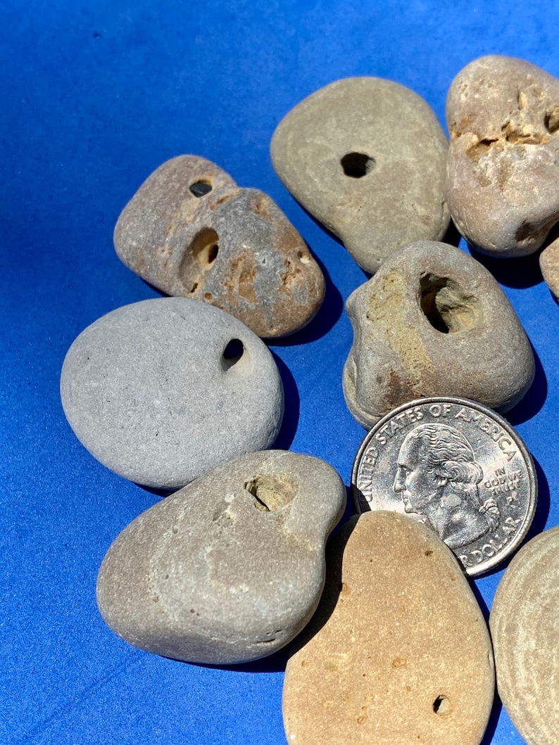 Lot of 10 Hag Stones ~ Holey Stones ~ Natural Holed Beach Stones ~ Jewelry Making Stones