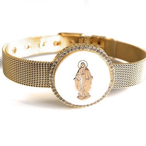 Virgin Mary Jewelry, Miraculous Charm Gold Cuff, Trendy Gold Watch Bangle Bracelet, Miraculous Bracelet Band, Pulsera Virgen de La Milagrosa