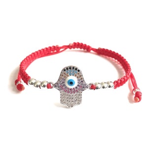 Hamsa Hand Silver Bracelet, Red String, Kabbalah Adjustable Macrame Bracelet, Hamsa Jewelry, Evil Eye Bracelet, Jewish Gift,  Mal de Ojoo